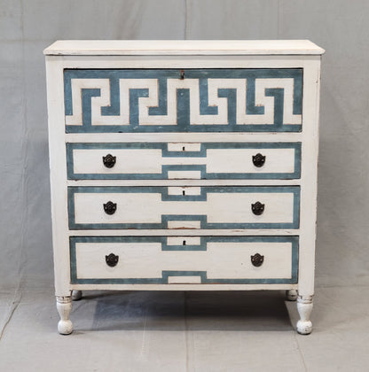 Antique English Painted Dresser Chest of Drawers With Greek Key Motif