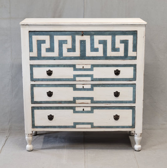 Antique English Painted Dresser Chest of Drawers With Greek Key Motif