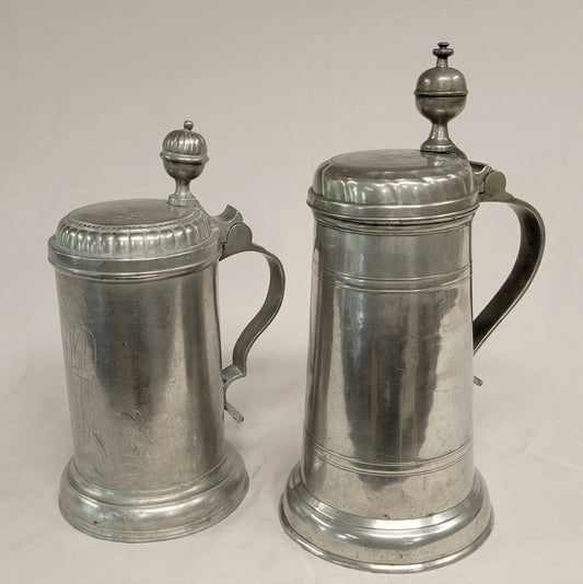 Set of Antique Circa 1800 German Inscribed Pewter Tankards Steins With Illustration and Inscriptions