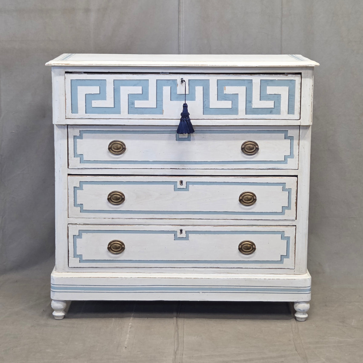 Antique 19th C. Painted Pine Dresser Chest of Drawers With Greek Key Motif