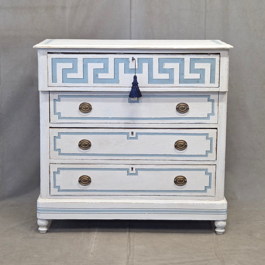 Antique 19th C. Painted Pine Dresser Chest of Drawers With Greek Key Motif