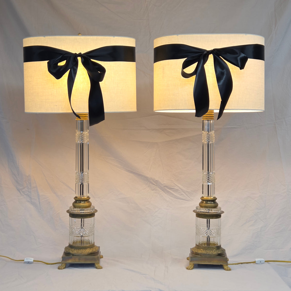 Vintage Crystal and Brass Column Table Lamps - Style of William Kessler Baccarat
