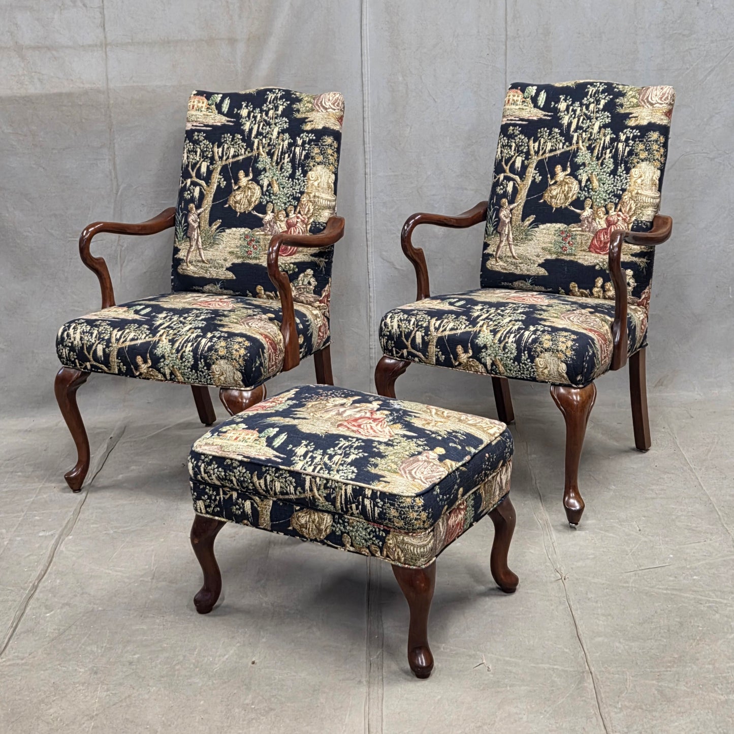 Pair of Vintage Queen Anne Chairs and Ottoman with Black Toile Upholstery