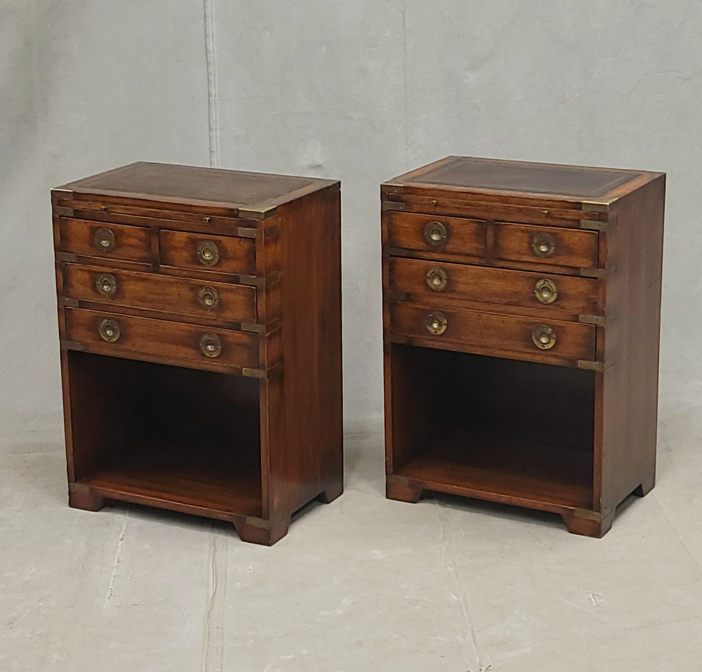 Vintage Campaign Style English Nightstands with Leather - a pair