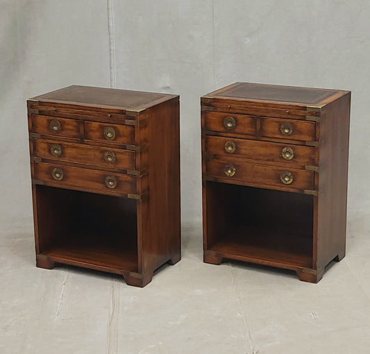 Vintage Campaign Style English Nightstands with Leather - a pair