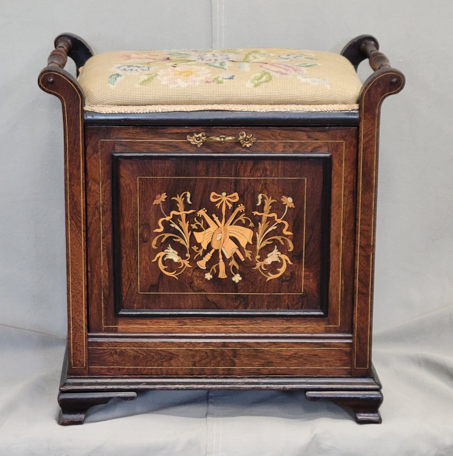 Antique English Edwardian Mahogany Inlay and Needelpoint Piano Stool