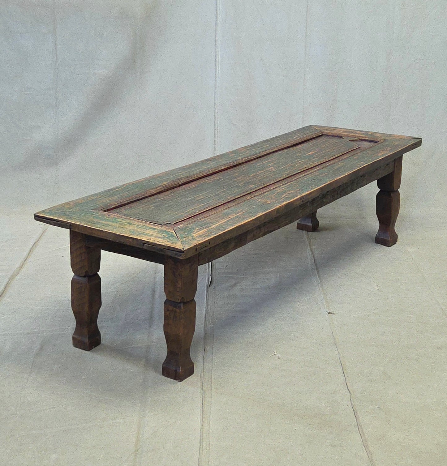 Vintage Teak Coffee Table Made From an Old Reclaimed Door With Green Paint