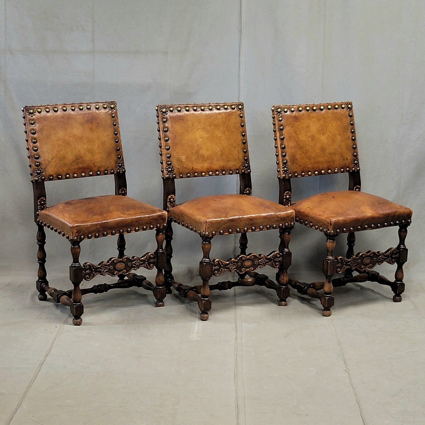 Antique Spanish or Renaissance Revival Oak and Leather Side Chairs - Set of 3
