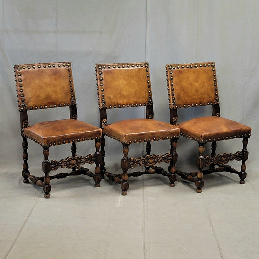 Antique Spanish or Renaissance Revival Oak and Leather Side Chairs - Set of 3