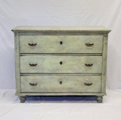 Antique European Rustic Pine Seafoam Painted Dresser Chest of Drawers