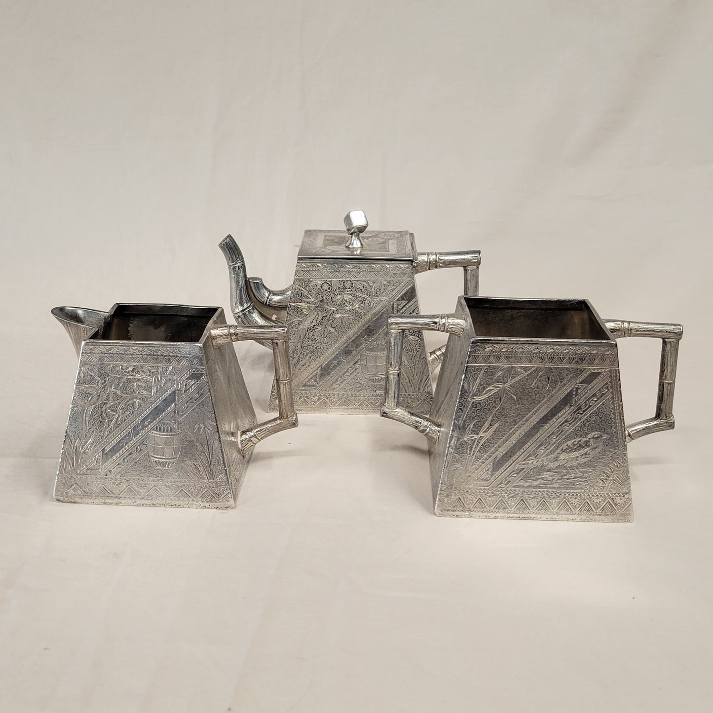 Antique James W. Tufts Boston Engraved Silverplate Aesthetic Movement Tea Set