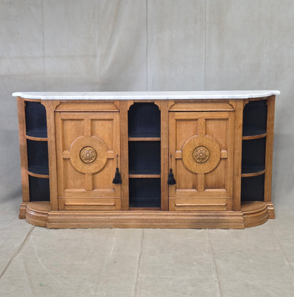 Antique Early 1900s Oak Console Cabinet With Doors, Shelves and a Marble Top