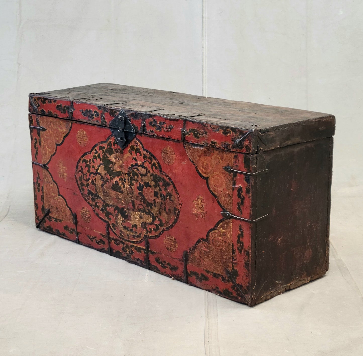 Antique Early 1900s Tibetan Trunk With Original Paint in Dragon Motif