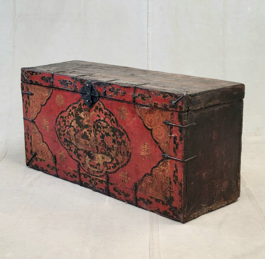 Antique Early 1900s Tibetan Trunk With Original Paint in Dragon Motif
