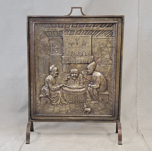 Antique French or Belgian Stamped Brass Fireplace Screen of Interior Scene