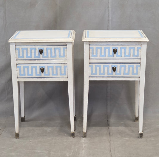 Vintage Mahogany Nightstands With Handpainted Greek Key Motif - A Pair