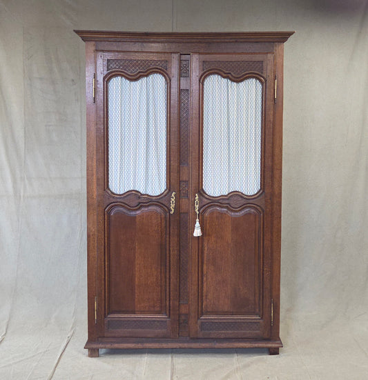 Antique French Provincial Wardrobe with Wire Grills and Interior Blue Curtains