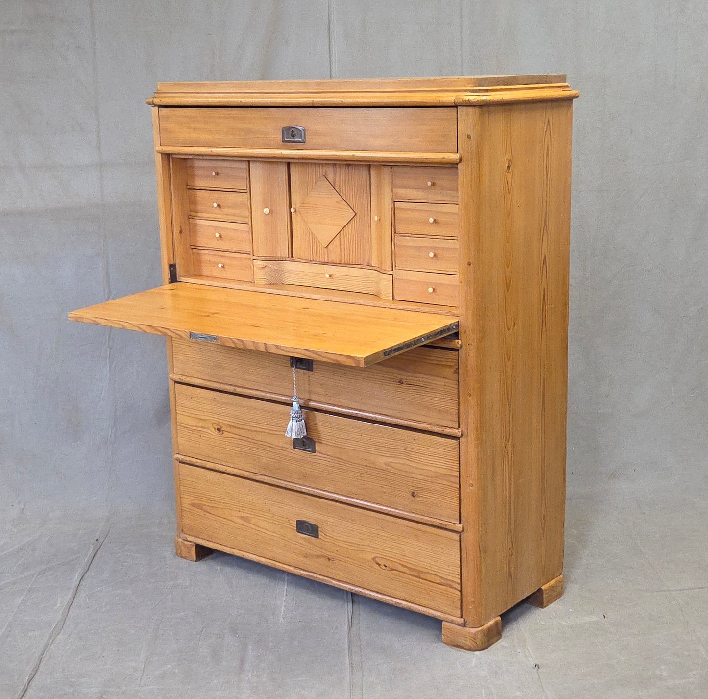 Antique Swedish Biedermeier Natural Pine Drop Front Desk with Drawers and Keys