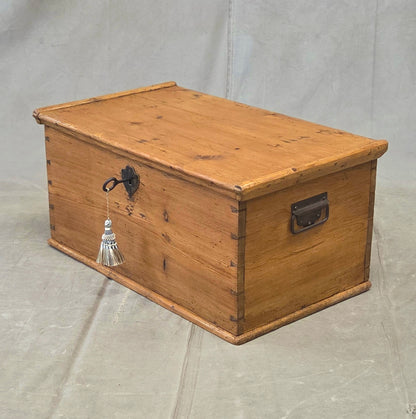 Antique German Natural Pine Storage Trunk with Original Iron Key