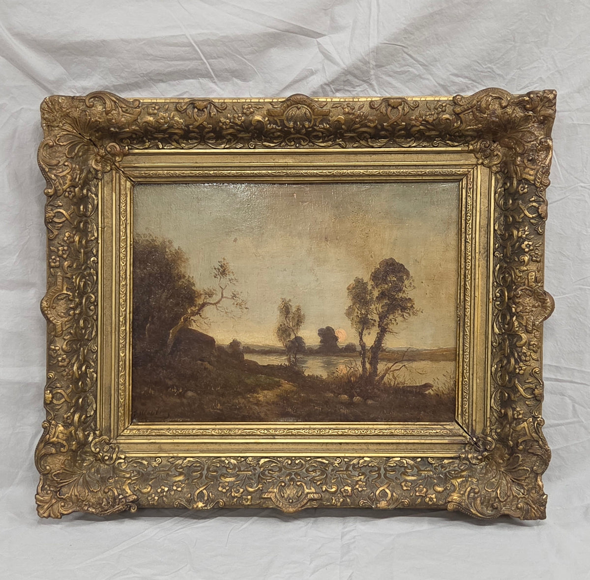 Antique Dutch Late 1800s Sunrise Over Water Landscape, Original Frame, Signed