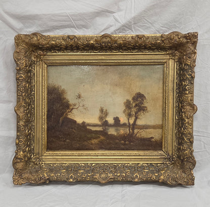 Antique Dutch Late 1800s Sunrise Over Water Landscape, Original Frame, Signed