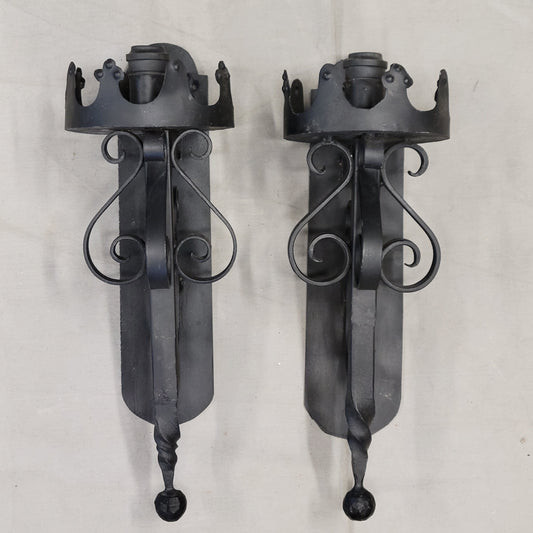 Vintage Spanish Revival Black Iron Wired Wall Sconces - a Pair