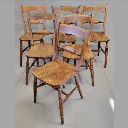 Antique 19th Century English Country Elm Oxford Bar-Back Side Chairs - Set of 6