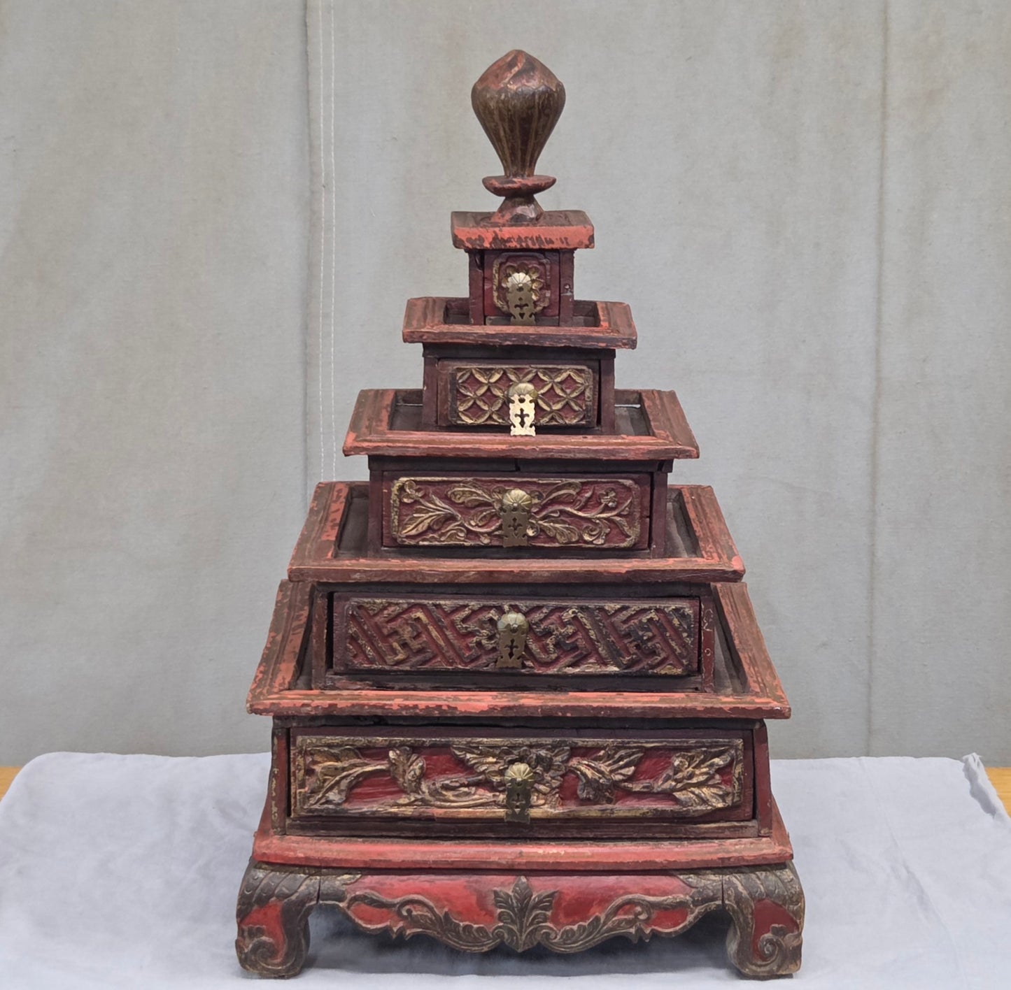 Vintage Sumatra, Indonesia Lacquer Pyramid Shaped Jewelry Box with Five Drawers