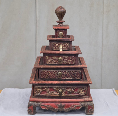 Vintage Sumatra, Indonesia Lacquer Pyramid Shaped Jewelry Box with Five Drawers