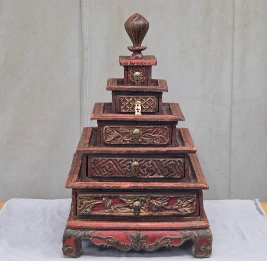 Vintage Sumatra, Indonesia Lacquer Pyramid Shaped Jewelry Box with Five Drawers