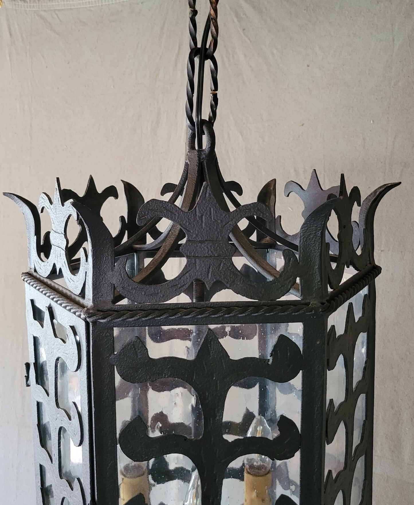 Vintage Custom Hexagonal Iron & Glass Pendant Lantern - 10 Available