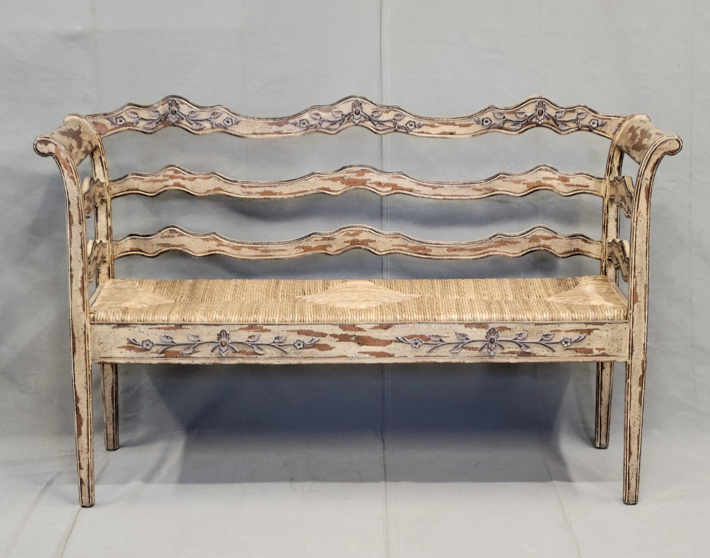 Vintage French Country Carved Wood Bench With Rush Seat and New Cushions