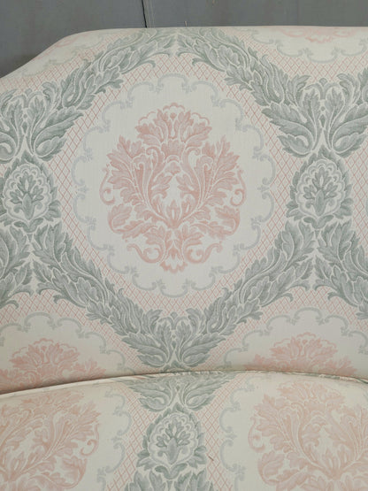 Vintage Damask French Style Camelback Loveseat With Down Cushion and Blush / Sage Upholstery