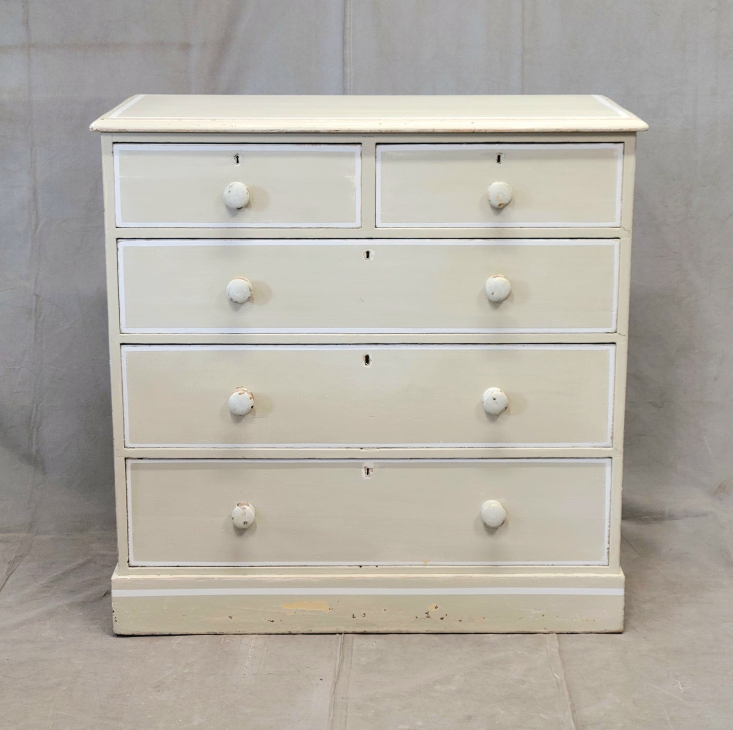 Antique 1920s English Dresser Chest of Drawers with Old Cream and White Paint