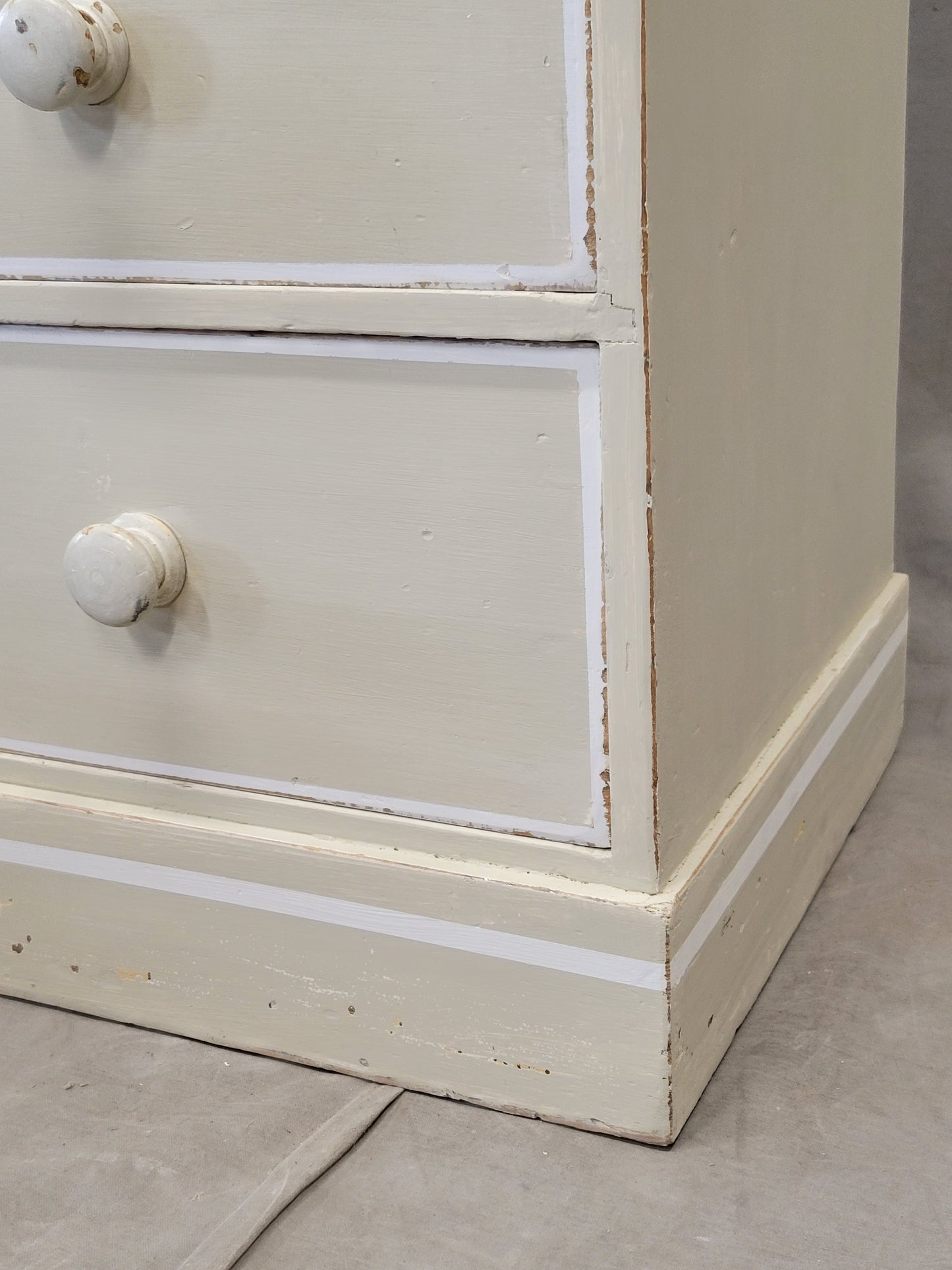 Antique 1920s English Dresser Chest of Drawers with Old Cream and White Paint