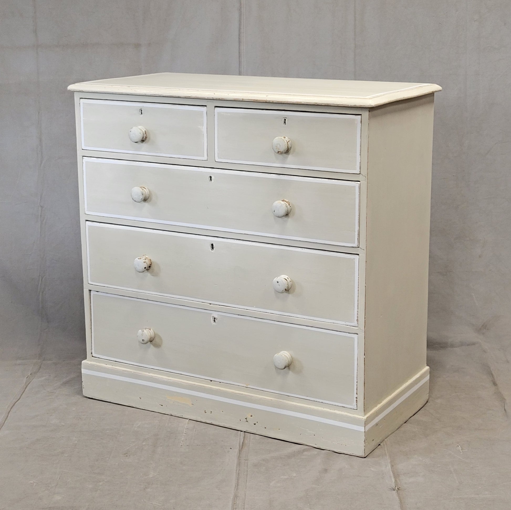 Antique 1920s English Dresser Chest of Drawers with Old Cream and White Paint Antique 1920s English Dresser Chest of Drawers with Old Cream and White Paint