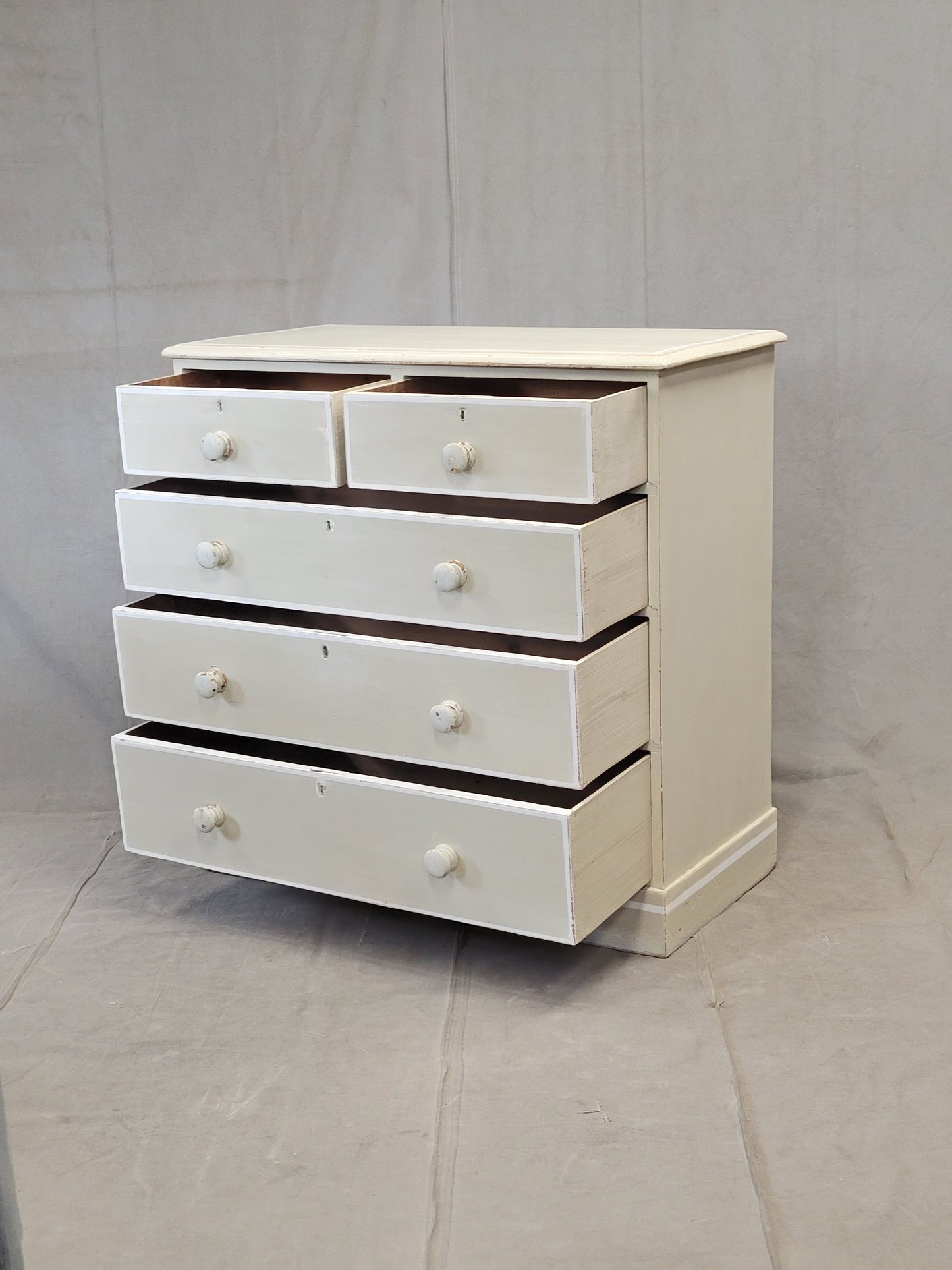 Antique 1920s English Dresser Chest of Drawers with Old Cream and White Paint