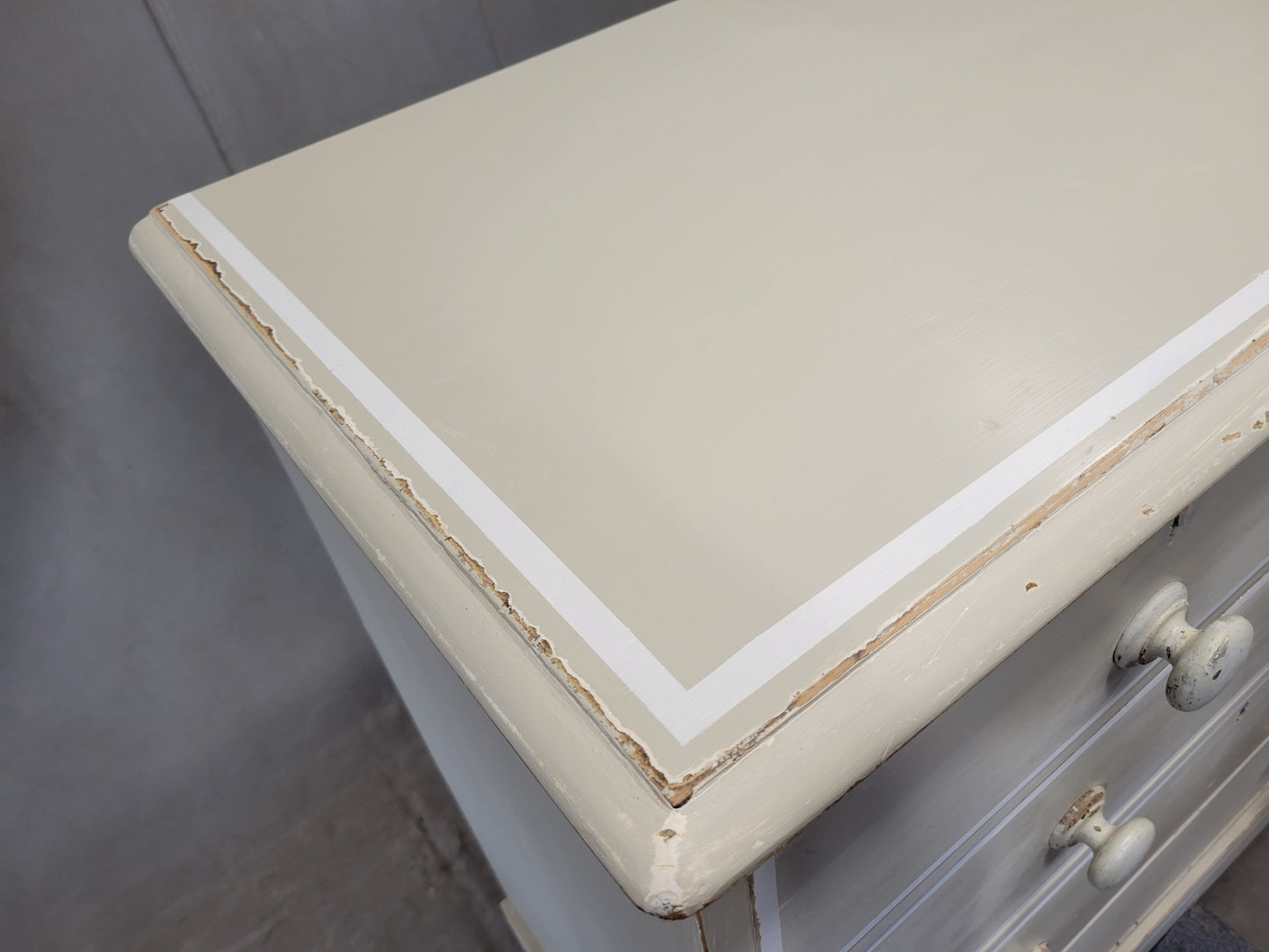 Antique 1920s English Dresser Chest of Drawers with Old Cream and White Paint