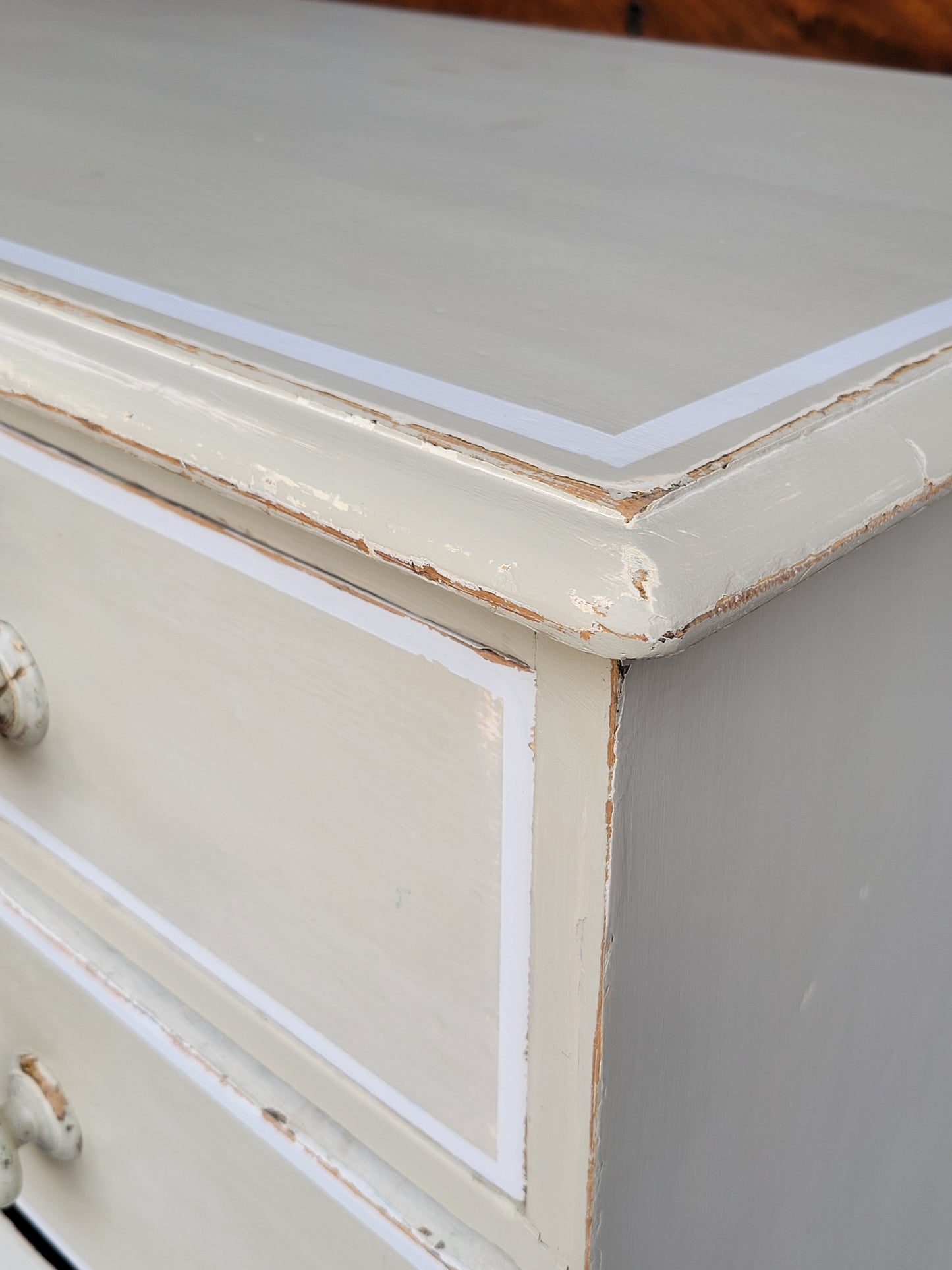 Antique 1920s English Dresser Chest of Drawers with Old Cream and White Paint