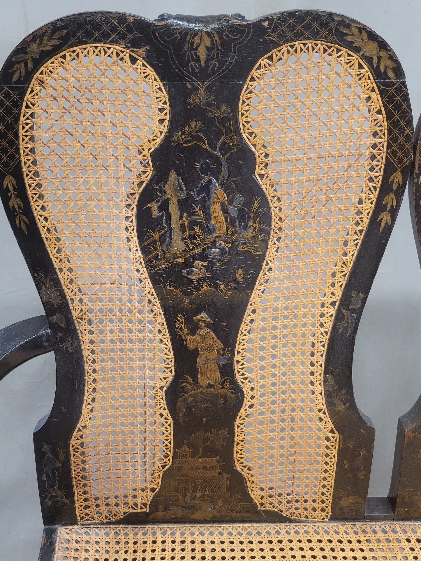 Antique 19th Century English Chinoiserie Lacquer and Cane Chair Back Settee