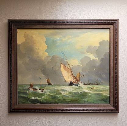 Seascape Painting with Sailboats by Oliver Trowell (British, dated 1969)