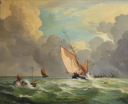 Seascape Painting with Sailboats by Oliver Trowell (British, dated 1969)
