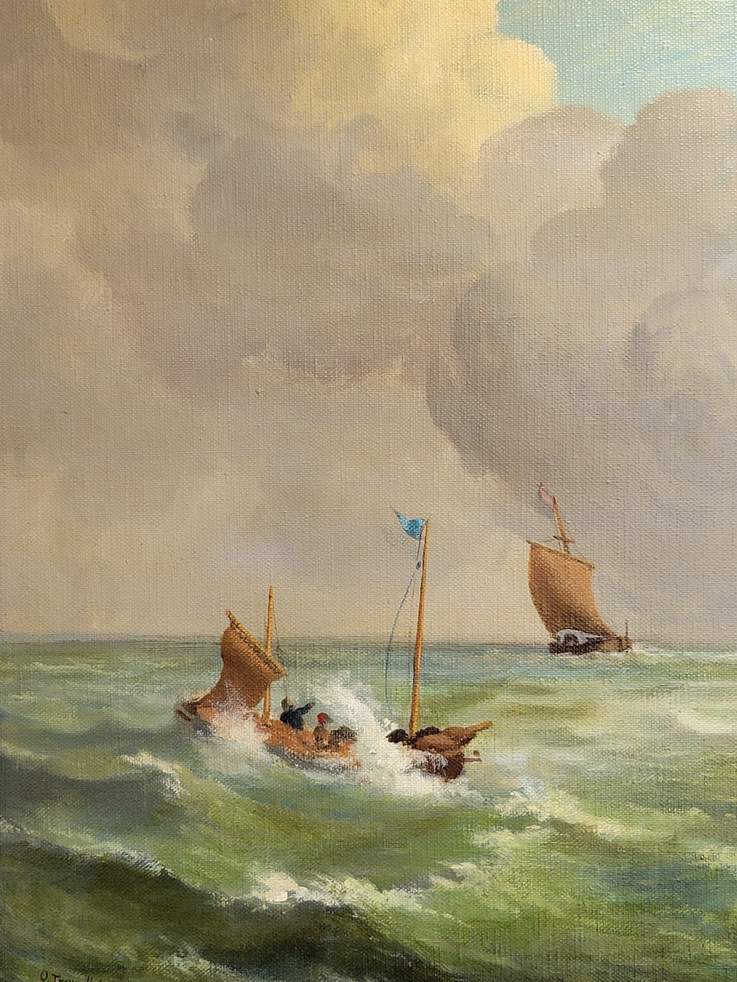 Seascape Painting with Sailboats by Oliver Trowell (British, dated 1969)