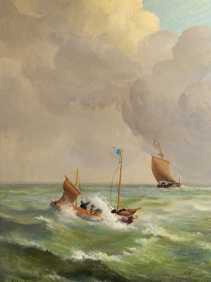 Seascape Painting with Sailboats by Oliver Trowell (British, dated 1969)
