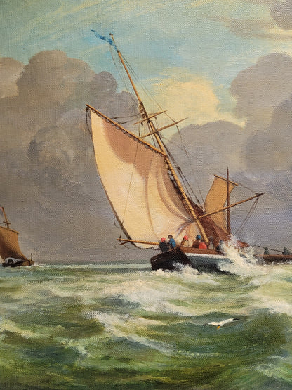 Seascape Painting with Sailboats by Oliver Trowell (British, dated 1969)