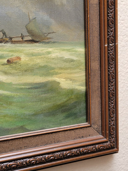 Seascape Painting with Sailboats by Oliver Trowell (British, dated 1969)