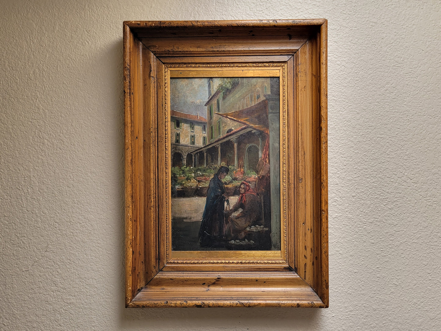 Antique Early 1900s Oil on Panel of a Venetian Market Scene by M.S. Loresen (?)