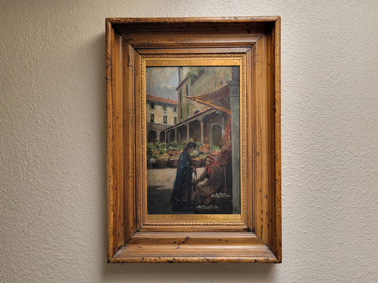 Antique Early 1900s Oil on Panel of a Venetian Market Scene by M.S. Loresen (?)