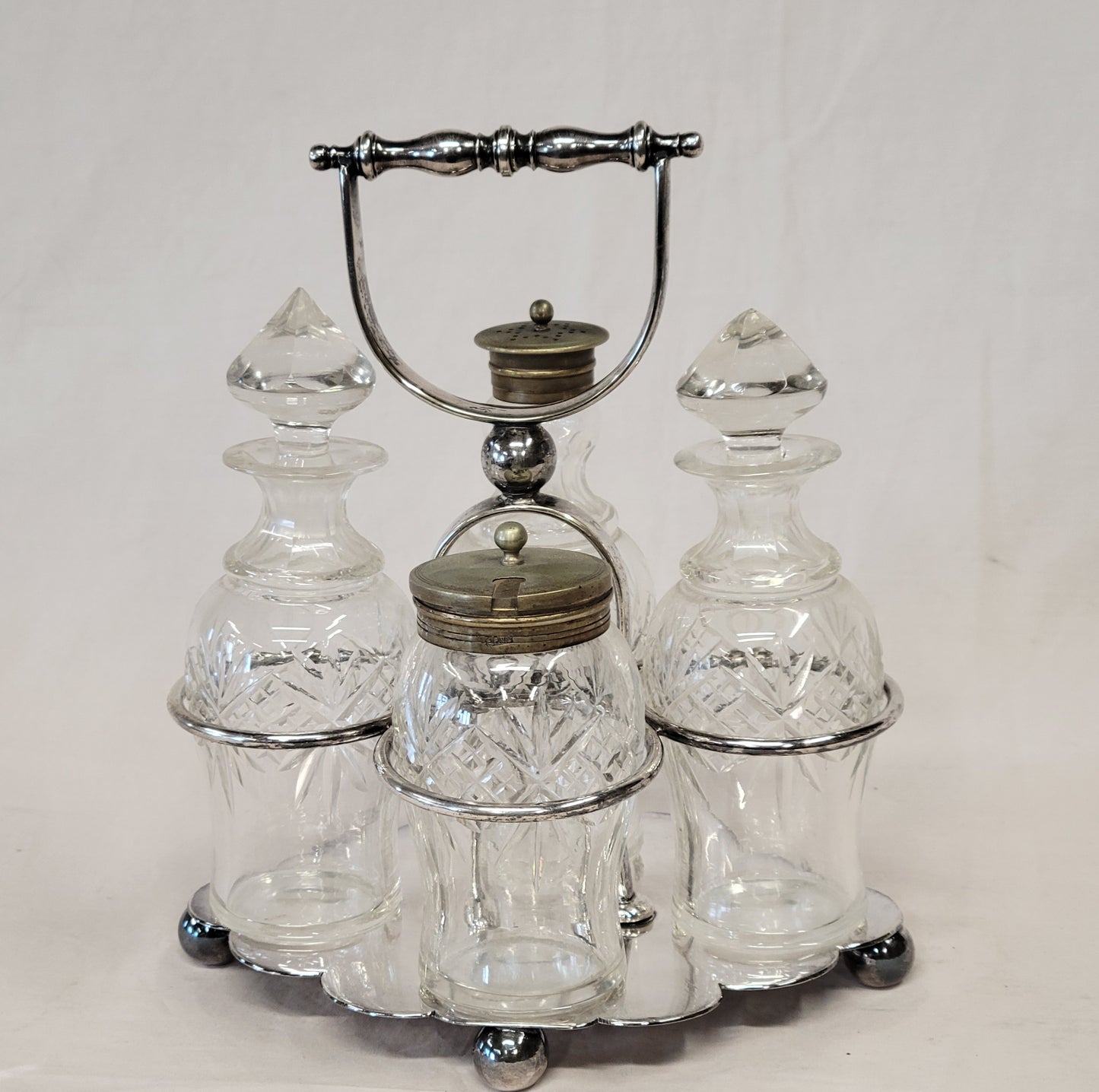 Antique Silverplate and Glass Four Bottle Cruet Set