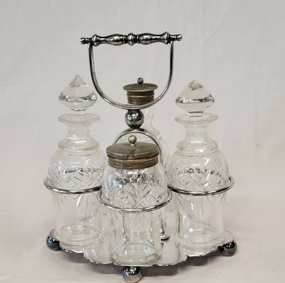 Antique Silverplate and Glass Four Bottle Cruet Set